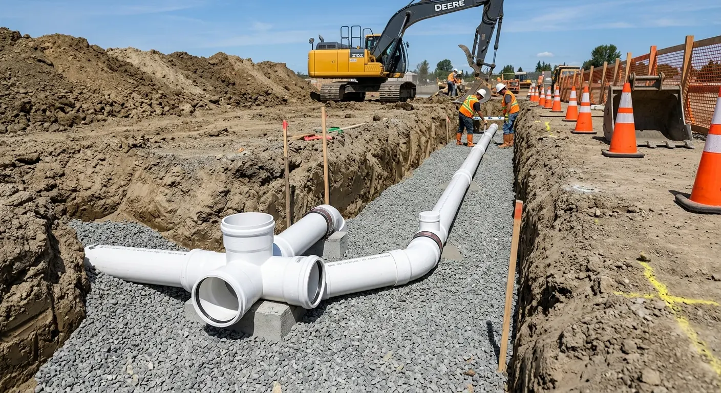 New PVC sewer pipe installation in open trench for Commercial Drain Cleaning in Lodi