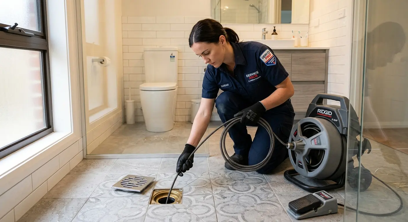 Technician clearing a bathroom floor drain for Sewer Line Installation in Lodi